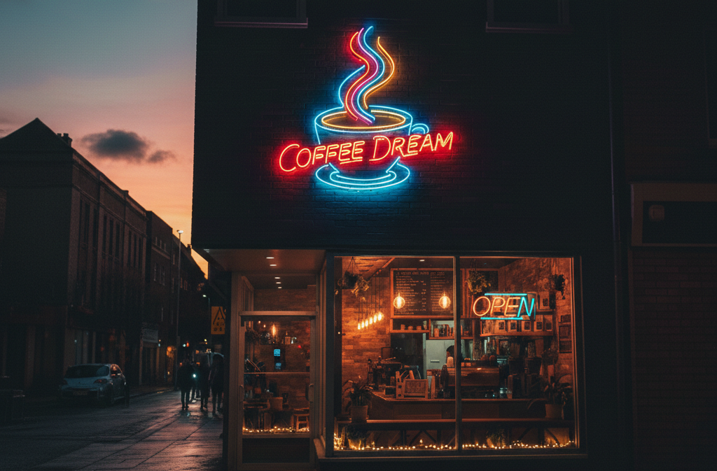 Neon signage illuminating a modern coffee shop storefront showcasing contemporary signage trends
